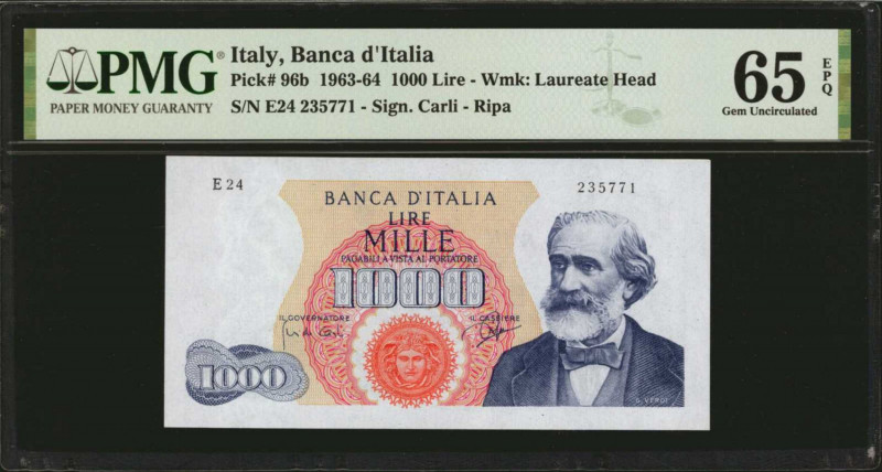 ITALY. Banca d'Italia. 1000 Lire, 1963-64. P-96b. PMG Gem Uncirculated 65 EPQ.
...