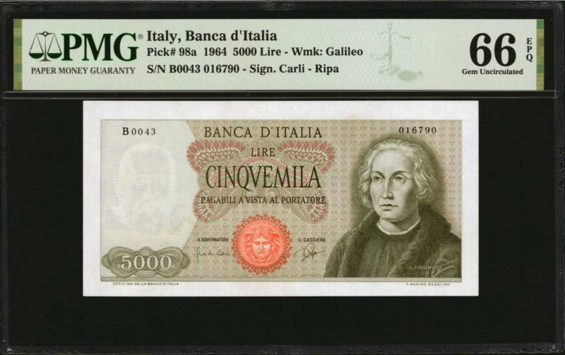 ITALY. Banca d'Italia. 5000 Lire, 1964. P-98a. PMG Gem Uncirculated 66 EPQ.

E...