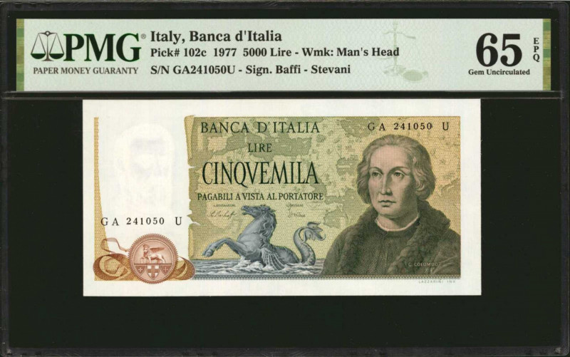 ITALY. Banca d'Italia. 5000 Lire, 1977. P-102c. PMG Gem Uncirculated 65 EPQ.

...