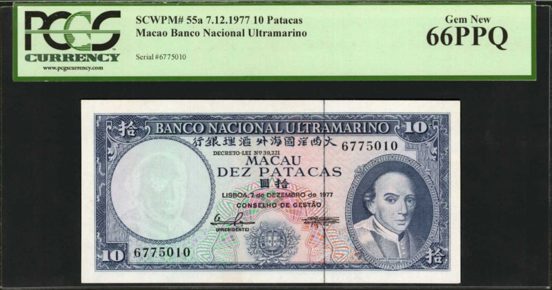 MACAU. Banco Nacional Ultramarino. 10 Patacas, 1977. P-55a. PCGS Currency Gem Ne...