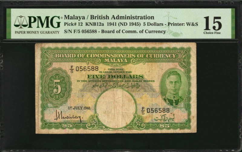 MALAYA. Board of Commissioners of Currency. 5 Dollars, 1941 (ND 1945). P-12. PMG...