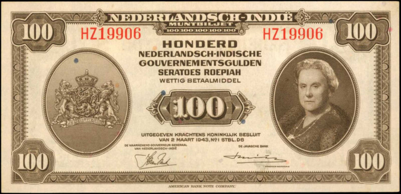 NETHERLANDS INDIES. Nederlandsch-Indie. 100 Gulden, 1943. P-117. Extremely Fine....