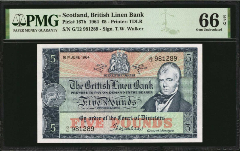 SCOTLAND. Lot of (2). British Linen Bank. 5 Pounds, 1964. P-167b. PMG Choice Abo...