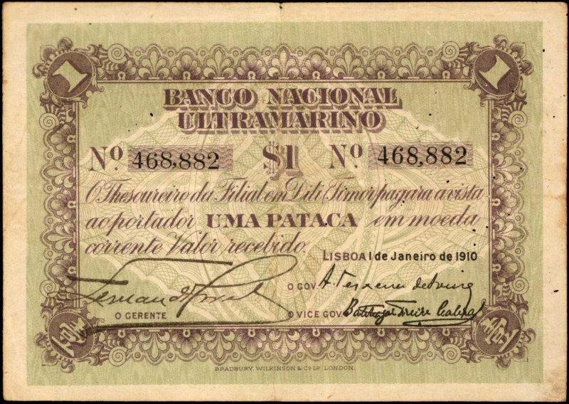 TIMOR. Banco Nacional Ultramarino. 1 Pataca, 1910. P-1. Choice Fine.

A Choice...