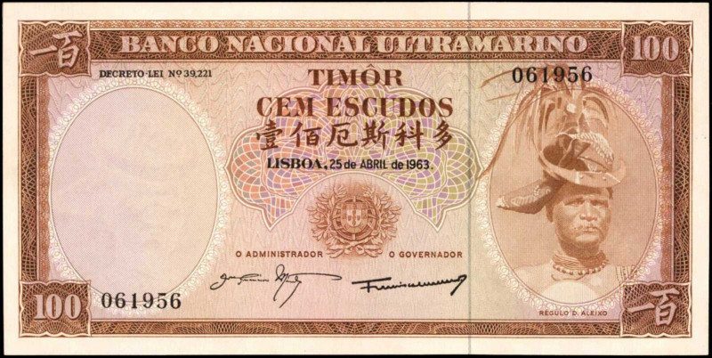 TIMOR. Banco Nacional Ultramarino. 100 Escudos, 1963. P-28a. Uncirculated.

Es...