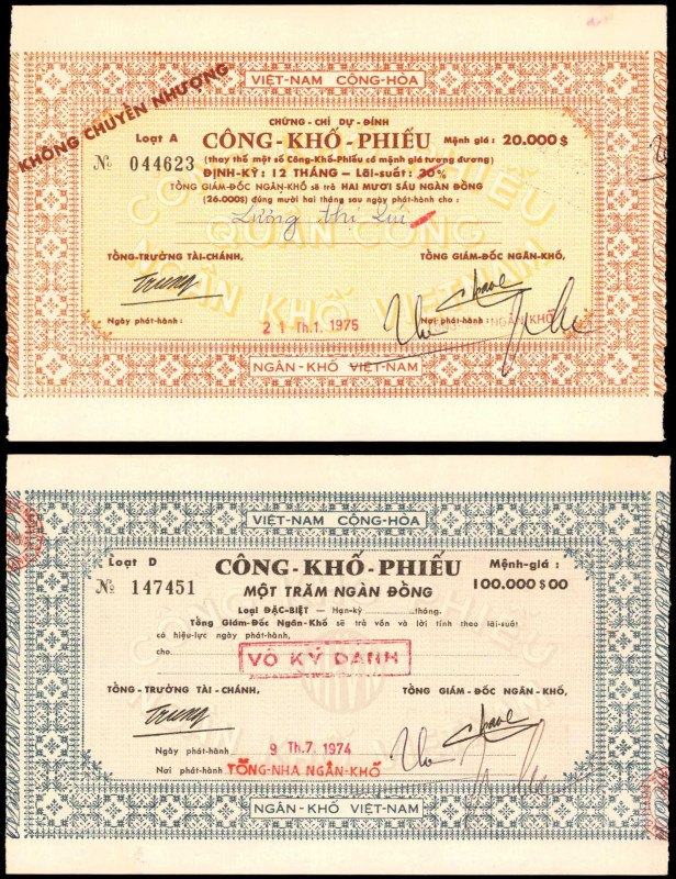 VIETNAM, SOUTH. Lot of (2). Bonds. 20,000 & 100,000 Dong, 1974-75. P-Unlisted. E...