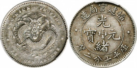 CHINA. Fukien. 7.2 Candareens (10 Cents), ND (1896-03). PCGS AU-50.

L&M-297; KM-Y-103.1; WS-1039. Variety with two dots on either side. A sharply d...