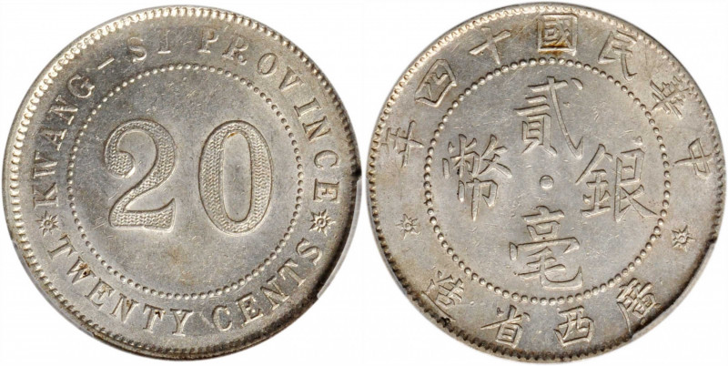CHINA. Kwangsi. 20 Cents, Year 14 (1925). PCGS MS-62.

L&M-173; KM-Y-415a; WS-...
