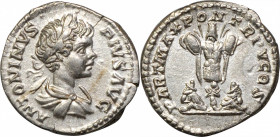 CARACALLA, A.D. 198-217. AR Denarius (2.77 gms), Rome Mint, A.D. 202. CHOICE ALMOST UNCIRCULATED.

RIC-65; RSC-179a. Obverse: Laureate and draped bu...