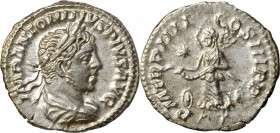 ELAGABALUS, A.D. 218-222. AR Denarius (2.99 gms), Rome Mint, A.D. 221-222. CHOICE EXTREMELY FINE.

RIC-45; RSC-194a. Obverse: Laureate and draped bu...