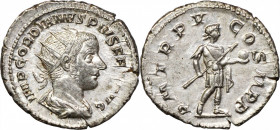 GORDIAN III, A.D. 238-244. AR Double Denarius (Antoninianus) (4.17 gms), Rome Mint, A.D. 242. CHOICE EXTREMELY FINE.

RIC-93; RSC-266. Obverse: Radi...