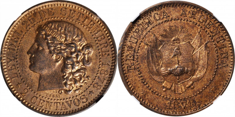 ARGENTINA. Copper 2 Centavos Essai (Pattern), 1878. NGC MS-62 Red Brown.

KM-E...