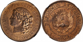 ARGENTINA. Copper 2 Centavos Essai (Pattern), 1878. NGC MS-62 Red Brown.

KM-E2; Janson-25.1. A boldly struck and lustrous Pattern, with fine speckl...