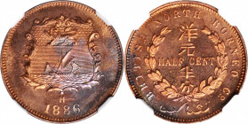 BRITISH NORTH BORNEO. 1/2 Cent, 1886-H. Heaton Mint. NGC SPECIMEN-65 Red Brown.

KM-1. Bountifully lustrous with tender pools of sapphire and lilac ...