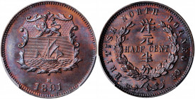 BRITISH NORTH BORNEO. 1/2 Cent, 1891-H. Heaton Mint. PCGS MS-65 Red Brown.

KM-1. A sharply struck coin with shimmering luster and hues of blue mixe...