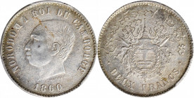 CAMBODIA. 2 Francs, 1860. Norodom I. PCGS Genuine--Cleaned, Unc Details.

KMX-7; Lec-71. Medal die axis. A sharply detailed coin, struck with slight...