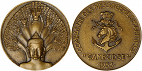 CAMBODIA. Cambodia - France. Compagnie des messageries maritimes Bronze Medal, 1953. Paris Mint. GEM UNCIRCULATED.

By R. B. Baron. Diameter: 59mm; ...