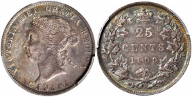CANADA. 25 Cents, 1899. London Mint. Victoria. PCGS AU-50.

KM-5. A wholesome and charming minor with multiple colors of toning and some remining br...