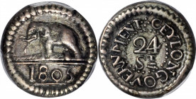 CEYLON. 24 Stivers, 1805. George III. PCGS AU-53.

KM-76; Prid-16. A crudely but well detailed little coin, perfectly centered and endowed with dark...