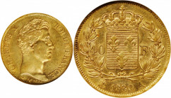 FRANCE. 40 Franc, 1830-A. Paris Mint. Charles X. NGC AU-50.

Fr-547; KM-721.1; Gad-1105. A wholesome coin with frosty luster remaining in the protec...