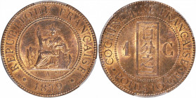 FRENCH COCHIN CHINA. Centime, 1879-A. Paris Mint. PCGS MS-64 Red Brown.

KM-3; Lec-12. A sharply struck and pleasing Cent with bright mint red remai...