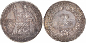 FRENCH INDO-CHINA. 50 Centimes, 1895-A. Paris Mint. PCGS AU-58.

KM-4; Lec-257. A nicely struck and wholesome coin with even, dark gray toning throu...
