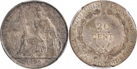 FRENCH INDO-CHINA. 20 Centimes, 1896-A. Paris Mint. PCGS AU-58.

KM-3a; Lec-197. Variety with fasces. A pleasing example of the type with good strik...