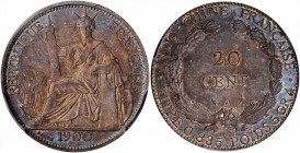 FRENCH INDO-CHINA. 20 Centimes, 1900-A. Paris Mint. PCGS MS-64.

KM-10; Gad-17; Lec-202. A deep russet tone dominates, featuring a blue-dominated ir...