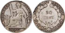 FRENCH INDO-CHINA. 20 Centimes, 1909-A. Paris Mint. PCGS VF-30.

KM-13; Lec-209. A wholesome and moderately circulated example of this SCARCE, one-y...