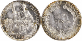 FRENCH INDO-CHINA. 20 Centimes, 1911-A. Paris Mint. PCGS MS-64.

KM-10; Lec-210. A gorgeous, brightly lustrous coin with silky luster and traces of ...