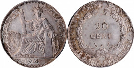 FRENCH INDO-CHINA. 20 Centimes, 1914-A. Paris Mint. PCGS MS-65.

KM-10; Gad-25; Lec-213. A handsome Gem example with a sharp strike and pull-away to...