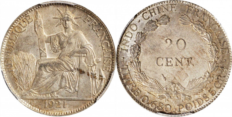 FRENCH INDO-CHINA. 20 Centimes, 1921-A. Paris Mint. PCGS MS-64.

KM-17.1; Lec-...