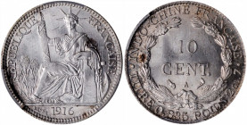 FRENCH INDO-CHINA. 10 Centimes, 1916-A. Paris Mint. PCGS MS-65.

KM-9; Gad-17; Lec-154. Blazing with pinwheel luster and almost no signs of tone, th...