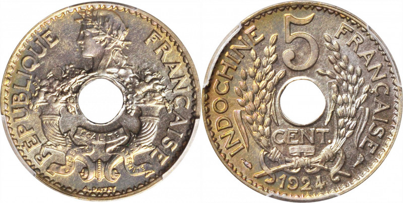 FRENCH INDO-CHINA. 5 Centimes, 1924. PCGS MS-66.

KM-18; Lec-115. Pop: 3, none...