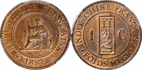 FRENCH INDO-CHINA. Centime, 1887-A. Paris Mint. PCGS MS-64 Red Brown.

KM-1; Lec-39. SCARCE in such an excellent state of preservation, this early i...
