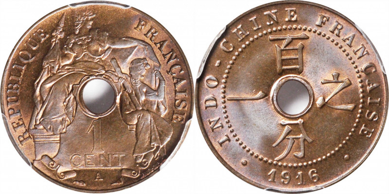 FRENCH INDO-CHINA. Centime, 1916-A. Paris Mint. PCGS MS-66+ Red Brown.

KM-12....