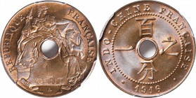 FRENCH INDO-CHINA. Centime, 1916-A. Paris Mint. PCGS MS-66+ Red Brown.

KM-12.1; Lec-76. Pop: 1, none graded finer by PCGS. An attractive and well s...