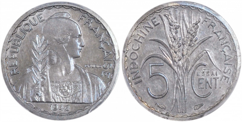 FRENCH INDO-CHINA. Aluminum 5 Centimes Piefort Essai (Pattern), 1946. PCGS SPECI...