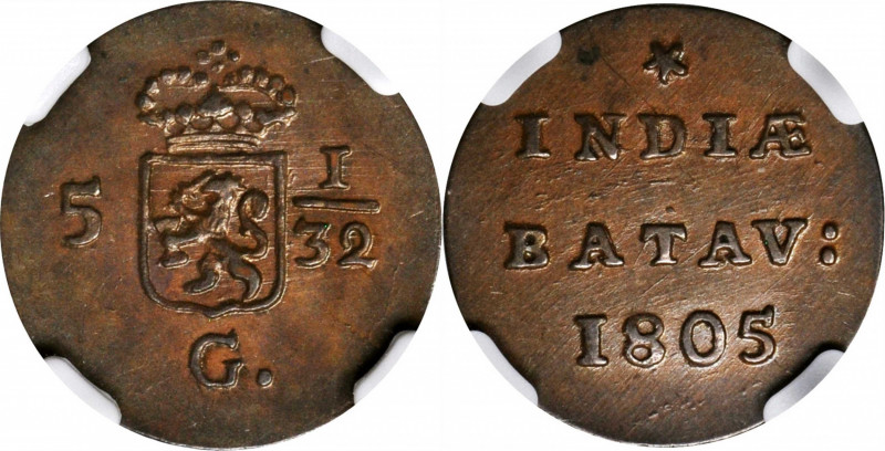 NETHERLANDS EAST INDIES. Batavian Republic. 1/2 Duit, 1805. Enkhuizen Mint. NGC ...