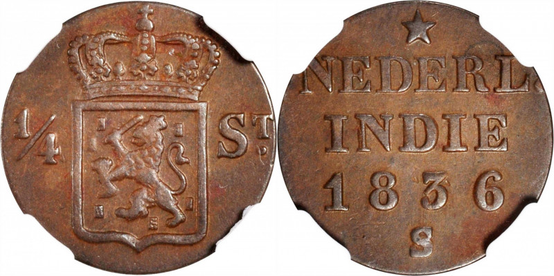 NETHERLANDS EAST INDIES. Kingdom of the Netherlands. 1/4 Stuiver, 1836-S. NGC AU...