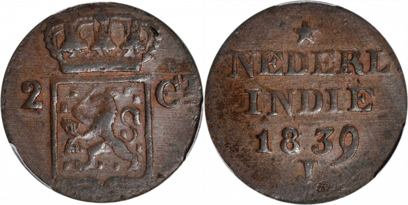 NETHERLANDS EAST INDIES. Kingdom of the Netherlands. 2 Cents, 1839-J. PCGS AU-58...