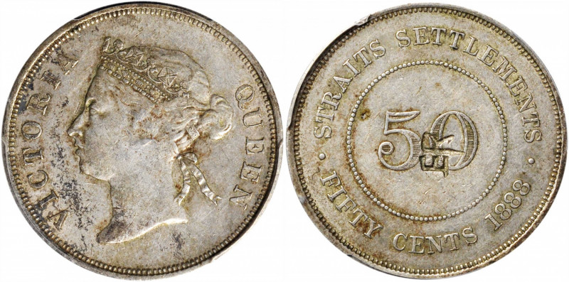 STRAITS SETTLEMENTS. 50 Cents, 1888. London Mint. Victoria. PCGS Genuine--Chopma...