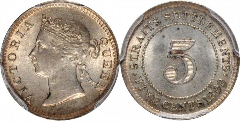 STRAITS SETTLEMENTS. 5 Cents, 1899. London Mint. Victoria. PCGS MS-64.

KM-10....
