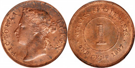 STRAITS SETTLEMENTS. Cent, 1897. London Mint. Victoria. PCGS MS-62 Brown.

KM-16. Pockets of peripheral mint red accent the strong, satiny luster th...
