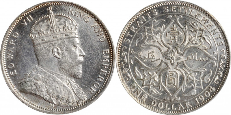 STRAITS SETTLEMENTS. Dollar, 1904-B. Bombay Mint. PCGS Genuine--Cleaned, Unc Det...