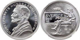 SWEDEN. 200 Kronor, 2001-B. NGC PROOF-69 Ultra Cameo.

KM-919. Nobel Prize Centennial issue. Mintage: 29,856. Struck with intense care and special a...