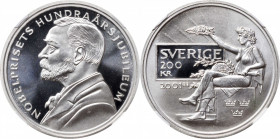 SWEDEN. 200 Kronor, 2001-B. NGC PROOF-69 Ultra Cameo.

KM-919. Nobel Prize Centennial issue. Mintage: 29,856. Artfully designed and attractive, this...