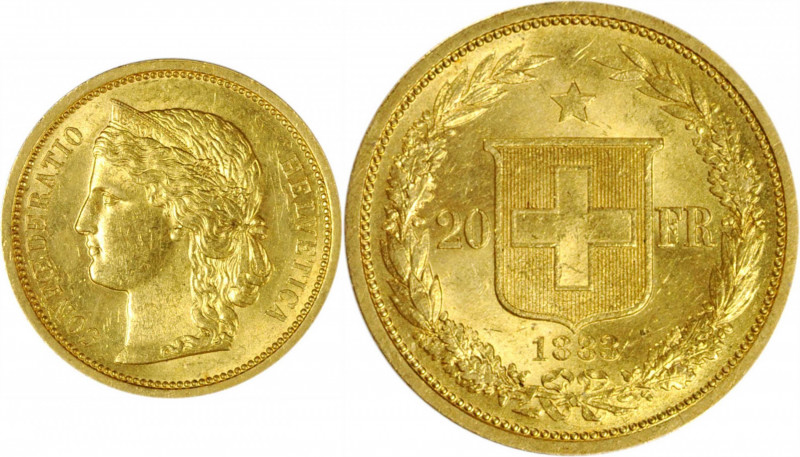 SWITZERLAND. 20 Francs, 1883. Grade: UNCIRCULATED.

Fr-495; KM-31.1; HMZ-2-119...