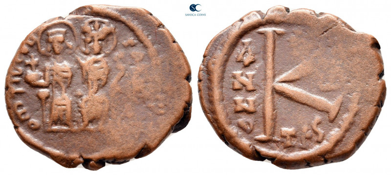 Tiberius II Constantine, with Anastasia AD 578-582. Thessalonica
Half Follis or...