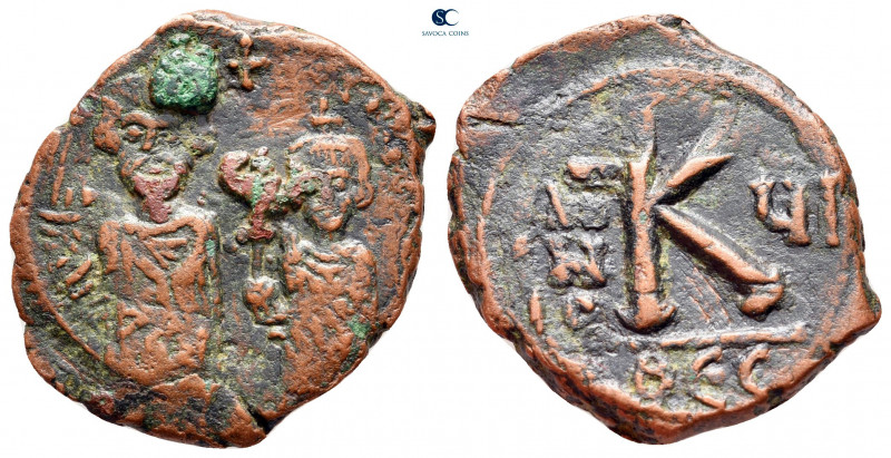 Heraclius with Heraclius Constantine AD 610-641. Thessalonica
Half Follis or 20...